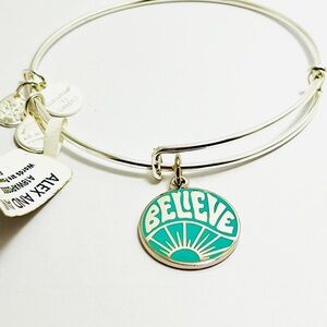 Alex and Ani Shiny Silver Bracelet with Teal 'Believe' Charm